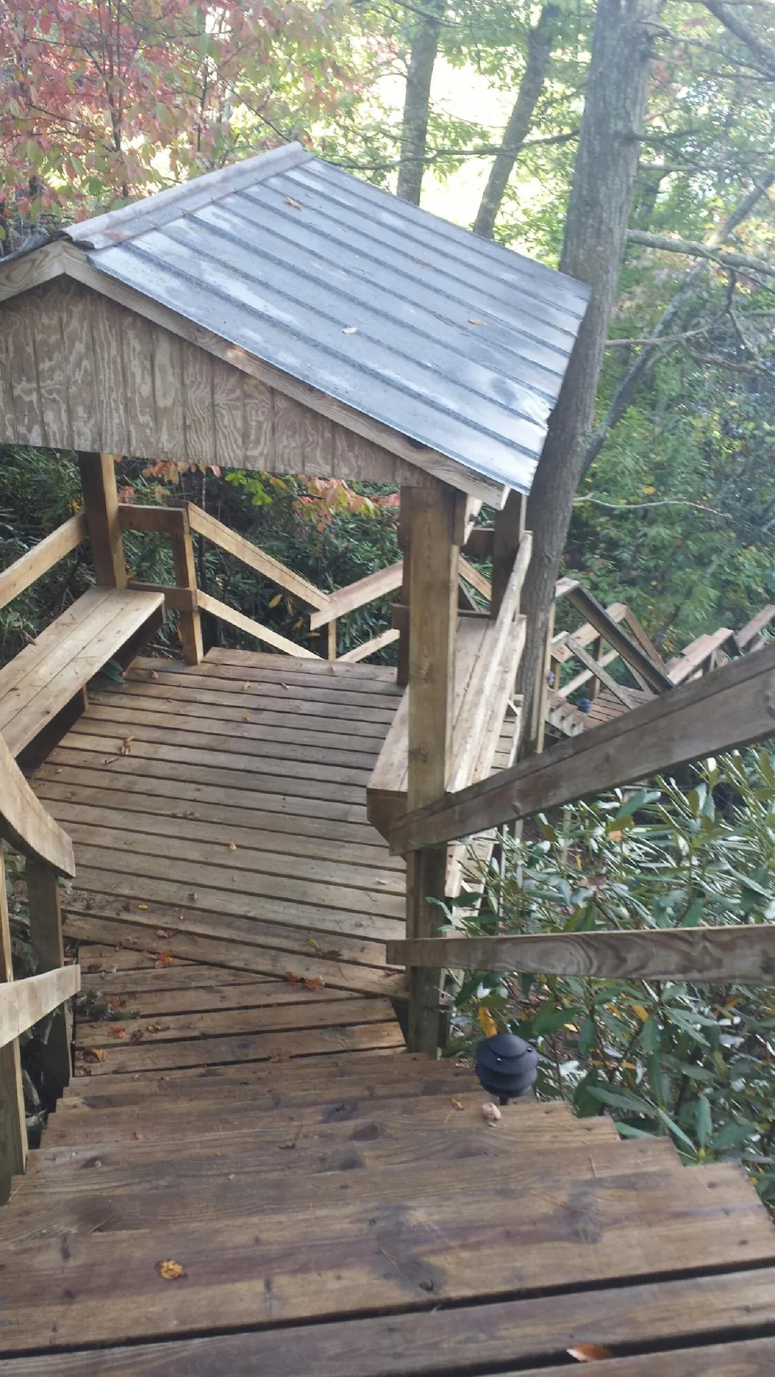 Metal roofed shelter over wooden steps on a wooded walkway — Skylight Repair & Installation work by our crew in Divernon